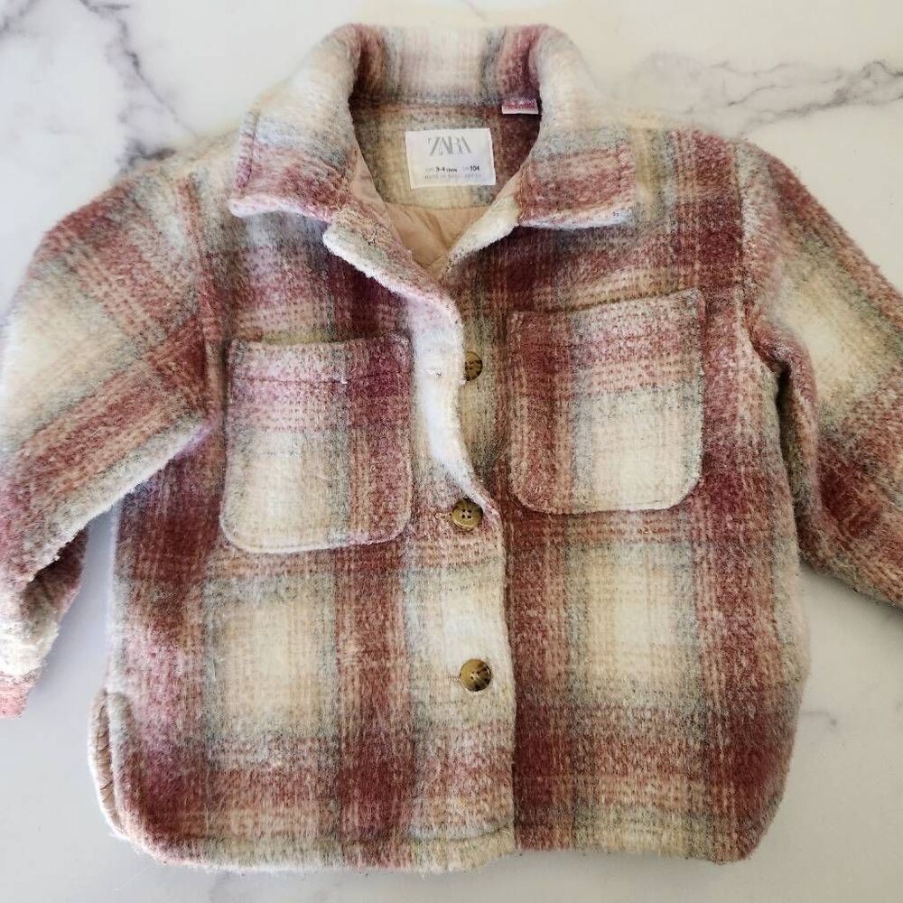 Zara 3-4 year pink cream plaid overcoat grandma jacket coat chunky